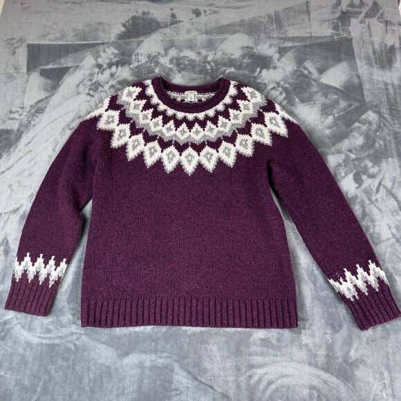 L.L. Bean Sweater Womens Medium Maroon Fair Isle Pullover Long Sleeve Lambs Wool - Picture 1 of 9